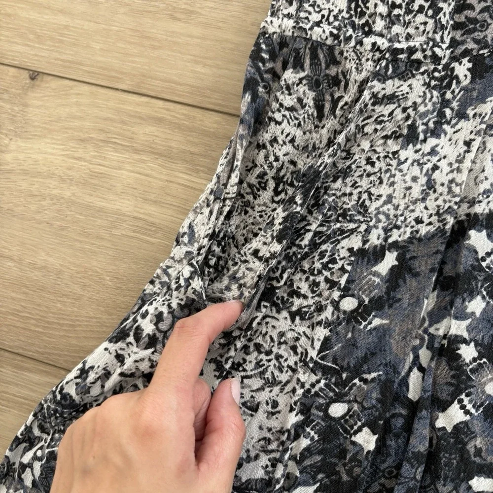 Free People XS Blue Black Patterned Open Back Split Sleeve Boho Dress Pockets - Picture 3 of 7